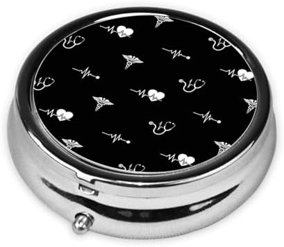 Small Pill Organizer, Round Metal Dispenser, Portable Case for Fish Oil, Travel Pill Box Purse Essential, Love Heart Nurse Heartbeat Black and White