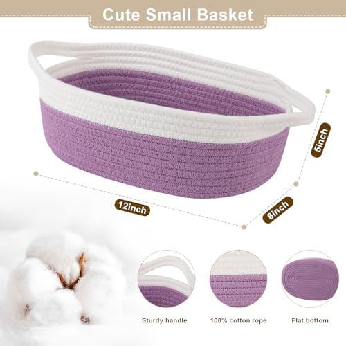 OIAHOMY Gift Basket Empty with Handle, 12"x 8"x 5" Small Woven Basket with Gift Bag, Ribbon and Wrap Tissue Paper, Dog Toy Storage for Organizing - Lilac Purple & White