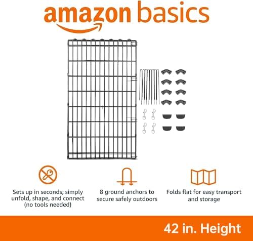 Amazon Basics Foldable Octagonal Metal Exercise Dog Playpen, Indoor/Outdoor, No Door, 8 Connected Panels, Large, 42 Inches Height, Black