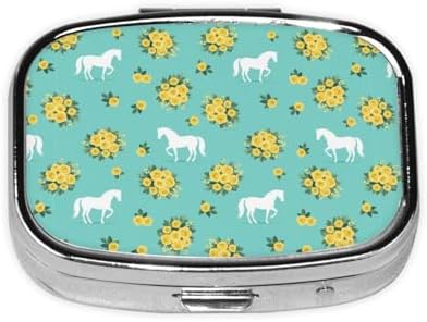 Portable Medicine Case Mini Pill Holder Vitamin Organizer Purse Pocket Essential Business Trip, Floral Horse Roses Print Mint Green