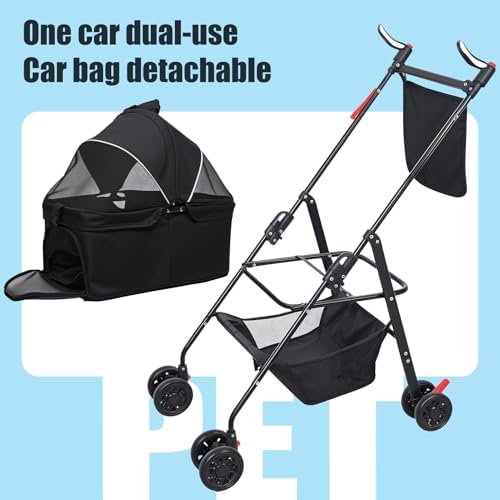 Foldable Pet Stroller with Light Barrier, 3 Wheels Dog Cat Pet Stroller for Small/Medium Dogs Cats, Foldable Portable Compact Jogge Strollers with Storage Basket, Removable Light Grey