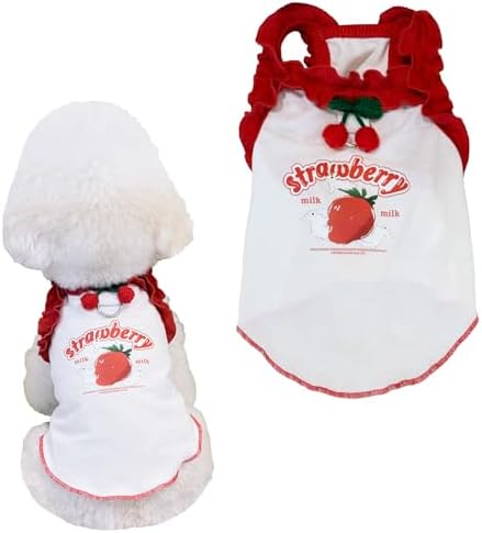Cute Strawberry Dog Tank Top, Ruffled Edge Pet Clothes for Small Dogs Cats, Adorable Puppy Apparel with Cherry Decoration (Large)