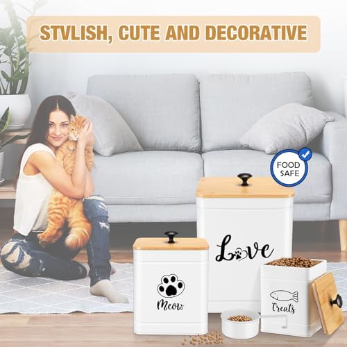 Jingmore Metal Airtight Cat Food Containers Set of 3 with Bamboo Lids and Spoon 7+3+2 Lbs Cat Treat Storage Container Countertop with DIY Labels Pet Cookie Organizer Jars for Kitchen Counter(White)