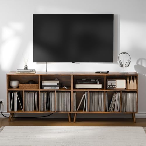 Cozy Castle Record Player Stand with Vinyl Storage Cabinet, Wood Turntable Table Open Shelf Holder Up to 350 Albums Cube Storage Organizer for Living Room, Office, Rustic Brown