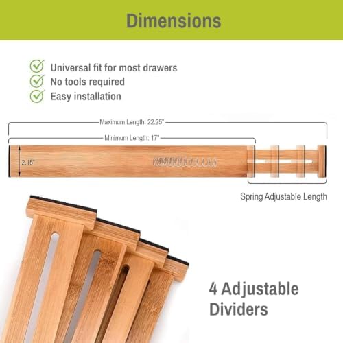 Homemaid Living Bamboo Drawer Organizer Adjustable and Expandable - Ideal Drawer Dividers for Kitchen, Dresser, Bedroom and Bathroom - Expandable Drawer Organizer Set of 4 - Water-Resistant Finish