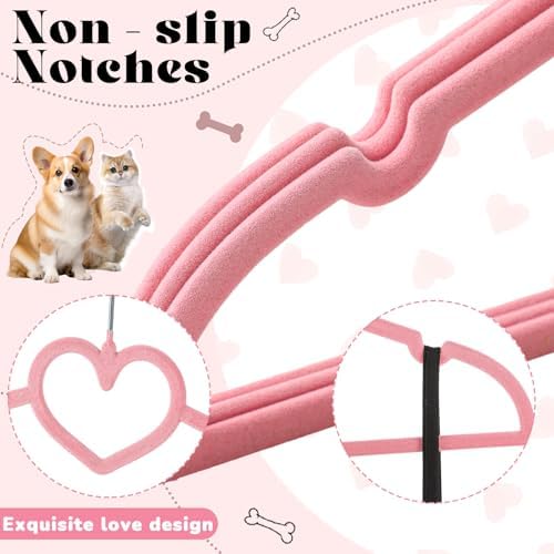 12 Pcs Pet Hangers 13'' Non-Slip Velvet Metal Hooks,Pink | 360° Swivel Rustproof Hooks, Space-saving for Dogs Cats, Home Closets and Grooming Salons, Small Pet Organizer