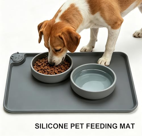 Silicone Pet Feeding Mat, 19"x12" Silicone Placemat for Dog Cat Food Water Bowl, Raised Edge Waterproof Under Sink Mats for Kitchen Drawer Shelf, Spill Proof Mat to Protect Floors