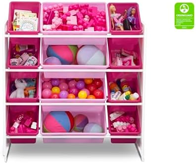 Delta Children Kids Toy Storage Organizer with 12 Plastic Bins - Greenguard Gold Certified, White/Pink