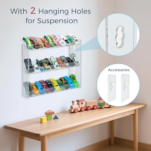 3-Tier Toy Car Display Case, Wall Mount Storage Holds 30 (2 Pack) | Wall mount tiered shelf fits 1:64 scale cars. Cars not included. Assembly required. Holds 30.