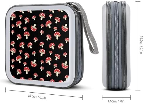 40-Capacity DVD CD Storage Wallet Black Red Mushroom Lovers, Heavy-Duty Hard Shell Binder, Portable Organizer with Strap for Car Travel
