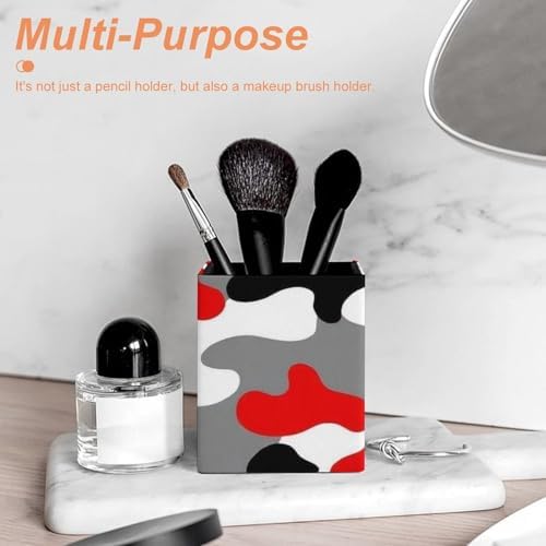 Fashion Pen Cup Pencil Holder Makeup Brush Storage Leather Desk Organizer Military Red Camo Army Camouflage