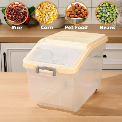 Sunnyray 4 Pcs Rice Storage Containers Bulk Flour Sugar Container Wheels Measuring Cups Set Airtight Pet Dog Cat Birds Food Bin Grain Cereal Organizer Box for Dry Baking(Beige,28 lb)