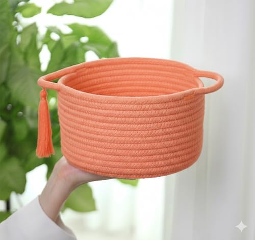 Small Gift Basket Empty to Fill with Gifts Bag & Ribbon, Orange | Cute Decorative Mini Woven Rope Basket with Handles for Gifting; Reusable for Bathroom Counter or Desk Catchall, 8 x 4.7 in