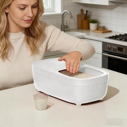 Airtight Rice Storage Container, Dry Food Dispenser with Transparent Sealed Lid for Kitchen Pantry Organization for Storing Rice, Cereal, Flour, Pet Food and Other Dry Ingredients (White, L)