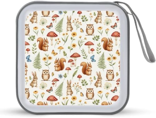 40 Capacity CD Case Holder Squirrel Mushroom Disc Wallet Organizer Binder | Portable Zipper DVD Storage with Strap for Car Office Home Travel, Hard Plastic, Cute Squirrel Owl Mushroom
