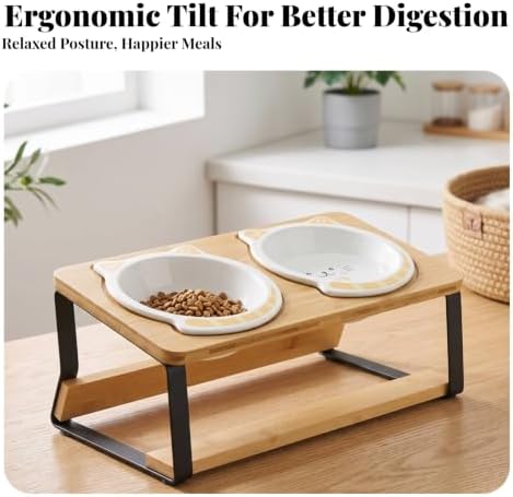 Cat Bowl Stand Elevated Feeder Raised Holder Double Dish Organizer Bamboo Wood and Iron Tilted Feeding Rack with Compact Footprint Suitable for Cats