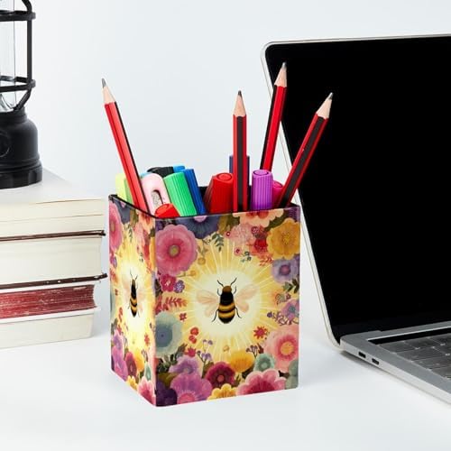 Bee Pen Holder for Desk Decor, Rectangular PVC Leather Pencil Cup for Desk Pen Organizer, Makeup Brush Holder for School, Home, Office