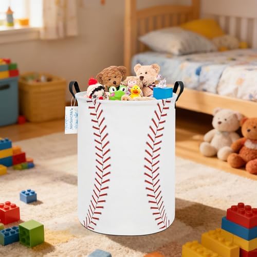 Round Laundry Basket Collapsible Storage Hamper Organizer Red Baseball | Waterproof Canvas Foldable Baskets with sturdy Handles Multi-scene Organizer for Home Play Bedroom Gift Bin