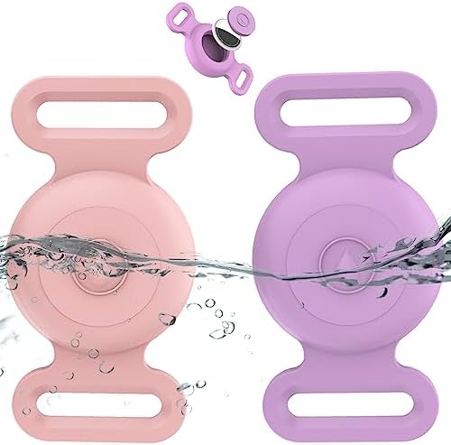 Waterproof Dog Collar with Airtag (1st & 2nd Gen) Holder, 2 Pack | Lightweight Silicone Hidden AirTag Holder for Dog Collar, Anti-Lost AirTag Case for Pet Cat Dog (Pink & Purple)