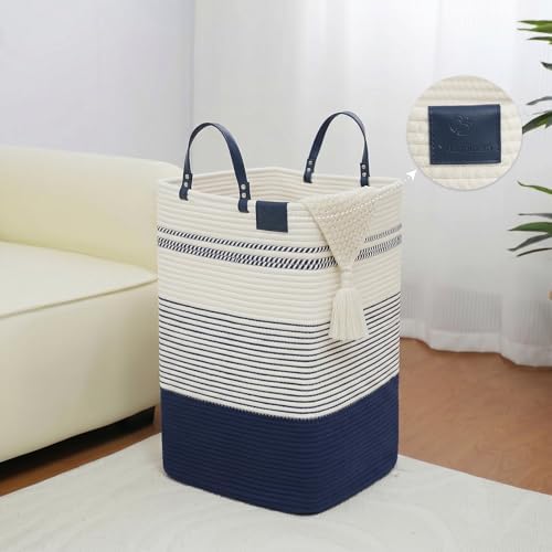 danpinera 100L Nursery Hamper, Tall Woven Laundry Basket with Long Leather Handles, Boho Laundry Hamper for Living Room, Eco-friendly & Convenient Decorative Storage Basket, White & Navy Blue