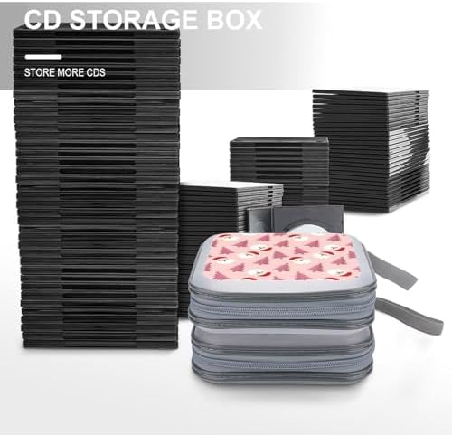 Portable Protective CD Holder Cute Santa Claus Pink Tree Snowflake Christmas, 40-Disc Hard Case with Zipper, Storage Binder for Music Movies Game Collections