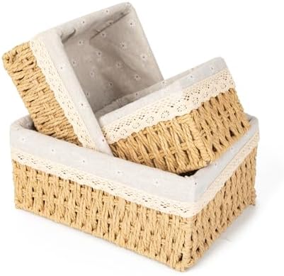 Wicker Baskets with Liner for Counter, Natural Paper Rope Rattan Storage Basket,Hand Woven Pantry Table Organizer Bins for Bedroom Living Room Bathroom School Shelves Office Desk (3 Pack Beige)