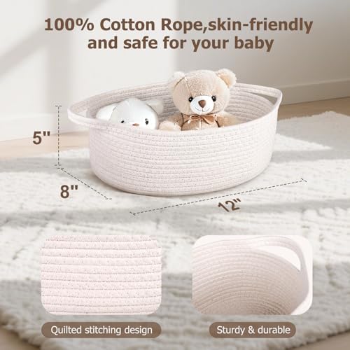 Small Woven Basket, 12" x 8" x 5", Gift Basket Empty with Ribbon and Gift Bag, Rope Basket for Baby Shower, Holiday Presents, Storage Basket with Handles for Nursery, Pet Toy Basket,White