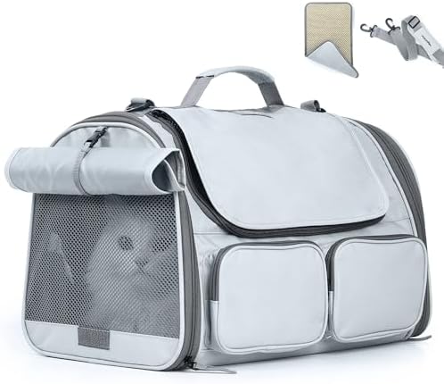 FUKUMARU Cat Carrier, Airline Approved Dog Carrier with Rollable Cover | Breathable Soft Cat Carrier, Multiple Doors & 4 Storage Pockets Cat Travel Bag, Durable Pet Carrier for Cat Under 15 lb, Grey