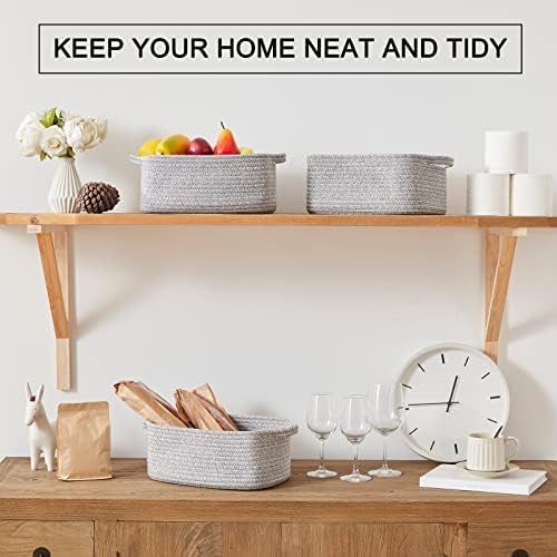 OIAHOMY 3 Pack Storage Baskets for Shelves Cotton Rope Storage Bins Grey | Woven Baskets for Storage Nursery Storage Basket with Handles Baskets for Organizing Small Baskets Gift Baskets Empty