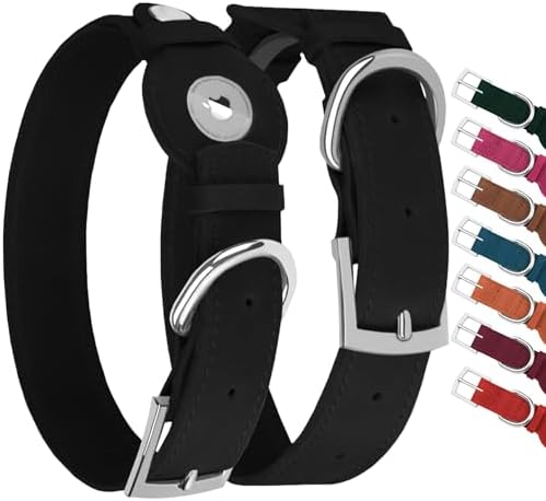 Leather Dog Collar with Airtag Holder - Apple Air Tag Dog Collars - Soft Tracking GPS Pet Collar for Small Medium Large Dogs Breed Puppy (Black, S, 9"-12" Neck Fit)