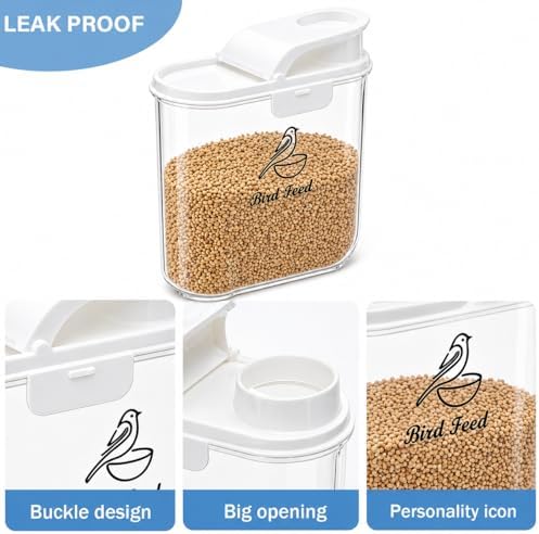 Bird Seed Storage Container,2.1 Qt/2L Bird Food Container with Pour Spout | Bird Food Storage Container with Scale for Sunflower Seeds, Portable Travel Kibble Storage Dispenser for Small Animal, White