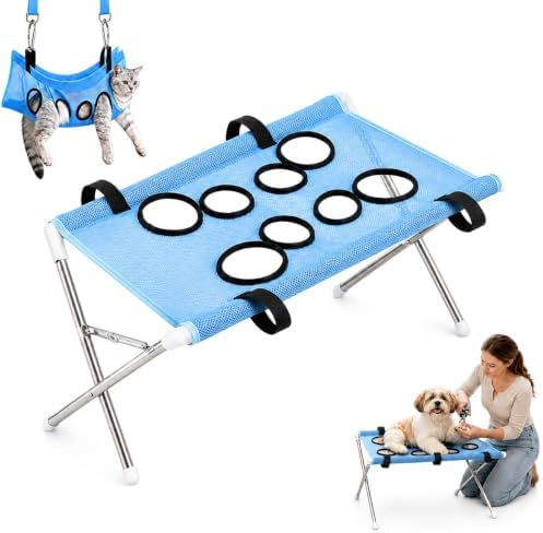 2-in-1 Foldable Pet Grooming Bed, Pet Shower Hammock with Stand (Blue) | Dog Washing Hammock, Dog Bath Chair, Quick Dry Mesh Table, Secure Support Strap, Multifunctional Holder for Bathing, Haircuts