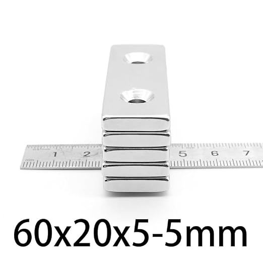 1-10PCS 60x20x5-5mm Sheet Rare Earth 2 Holes 5mm Block Rectangular 60 * 20 * 5-5mm Strip Magnetic Magnets(10pcs)