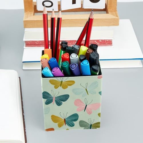 Butterflies Pen Holder for Desk Decor, Rectangular PVC Leather Pencil Cup for Desk Pen Organizer, Makeup Brush Holder for School, Home, Office