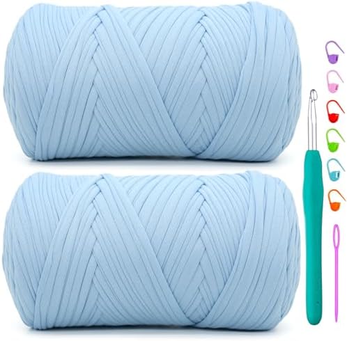 2 Pack Tshirt Yarn for Crochet,Sky Blue T Shirt Soft Elastic Fabric Chunky Thick T-Shirt Crochet Yarn for Crocheting Knitting Beginner Hand Knitting Bag/DIY Craft/Home Decor 2 * 400G-Sky Blue