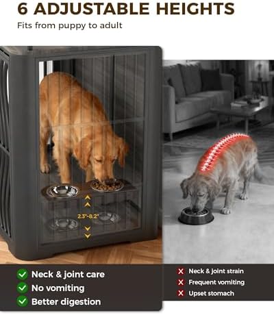 48 Inch Large Dog Crate Furniture, Heavy Duty Wood Dog Kennel Furniture Indoor for Large and Medium Dogs, Pet Crate Furniture with Adjustable Rotating Hanging Bowl and Table, White