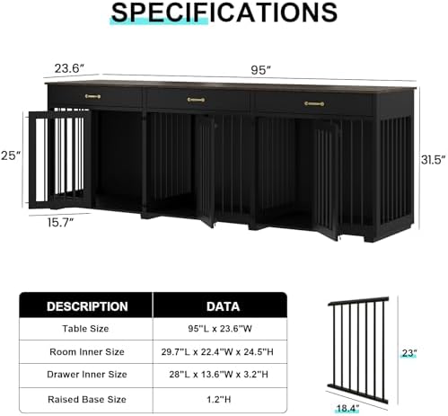 Dog Crate Furniture - Indoor Wooden Dog Kennel Crate Furniture with 2 Dividers, 3 Drawers, and 3 Lockable Doors - 95"x23.6"x31.5"H, Black