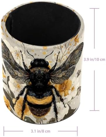 Faux Leather Pen Holder for Desk, Pencil Organizer Cute Bee Pen Cup Desk Decor Makeup Brush Holder Storage for Office Home