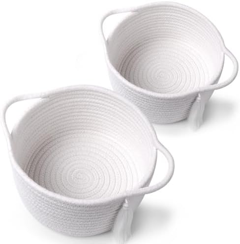 Small Gift Basket Empty to Fill, 2 Pack, Mini Woven Basket White | Cute Decorative Mini Rope Storage Baskets with Cellophane Bags & Ribbons; Two Sizes for Gifting, Bathroom Counter or Desk