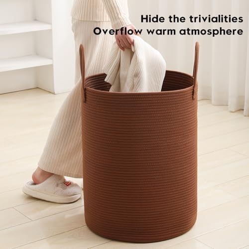 Laundry Basket Hamper Tall Rope Storage Woven for Blanket toys Dirty Clothes in Living Room Bathroom Bedroom (Dark Brown, 100L/26.4Gal)
