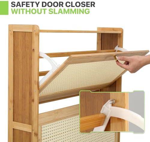Magshion Narrow Shoe Cabinet for Entryway Slim Thin Bamboo Freestanding Shoe Storage with Flip Drawers for Hallway, Living Room (Natural, 47.5" x 27" x 7")