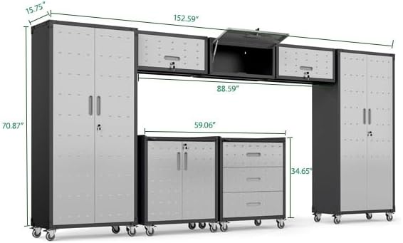 Garage Cabinet System | Heavy Duty Steel All-in-One Modular Garage Cabinet Set for Ultimate Workshop Organization | Easy Assembly Garage Storage Cabinets & Tool Bench