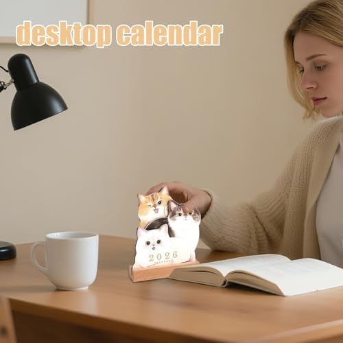 Desk Calendar Wooden Base Puppy Kitten Design Planner Decor Pad Date Daily