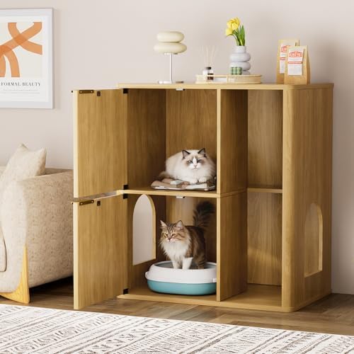 31.5 Inch Cat Litter Box Enclosure with Cat Tree Cabinet, Natural | Hidden Litter Box Furniture with Dual Entry Doors, Storage Shelf, Sisal Scratching Post and Modern Side Table Design