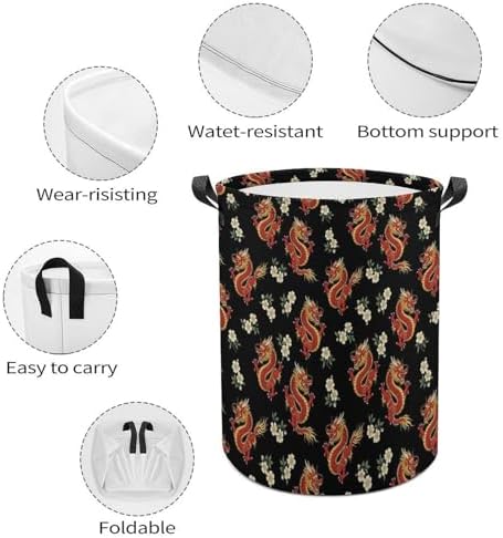 Foldable Laundry Organizer with Handles Floral Chinese Japanese Dragon Flower, Waterproof Hamper Basket for Clothes, Toys, and Bedroom Storage Solutions