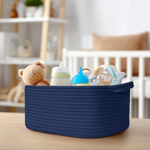 Cute Blue Woven Basket, Empty Gift Basket for Christmas, Thanksgiving, Easter, Birthday, Cotton Rope Storage Bin with Handle for Gift, Dog Toy Box, Baby Nursery Organizer, Dark Blue Decor