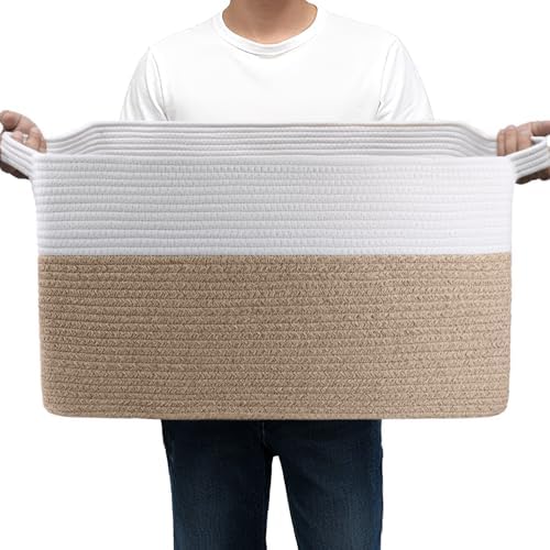 75L Large Basket 22" x 17" x 12",Large Blanket Basket with Handle,woven Cotton Rope baskets for storage,Storage Baskets for Organizing