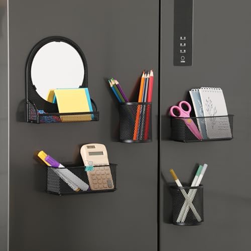 Weysat Set of 5 Magnetic Locker Accessories Mirror with 2 Magnetic Pen Holder and 2 Wire Mesh Storage Basket for Students Back to School Locker Organizer for School Office(Black)