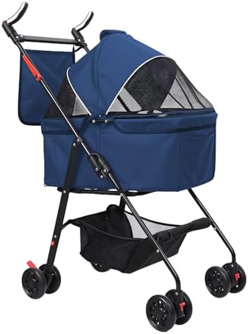 Foldable Pet Stroller with Light Barrier, 3 Wheels Dog Cat Pet Stroller for Small/Medium Dogs Cats, Foldable Portable Compact Jogge Strollers with Storage Basket, Removable Dark Blue