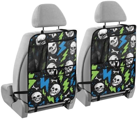 2 Pack Back Seat Car Organizer with Storage Pockets Kick Mats Back Seat Protector Hanging Car Organizer Automotive Seat Back Cover Organizers Skull Lightning Colorful